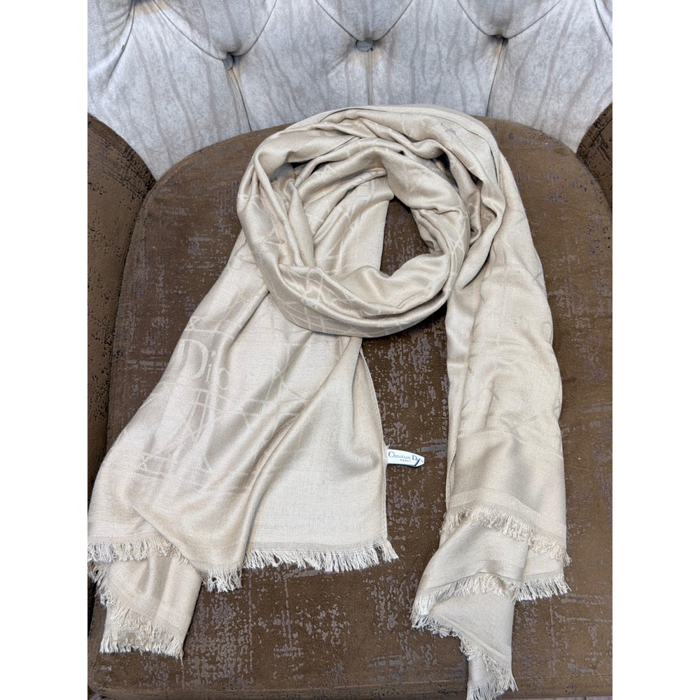 Christian Dior Cannage Cashmere Silk Shawl Scarf Beige Fringed Logo Wrap